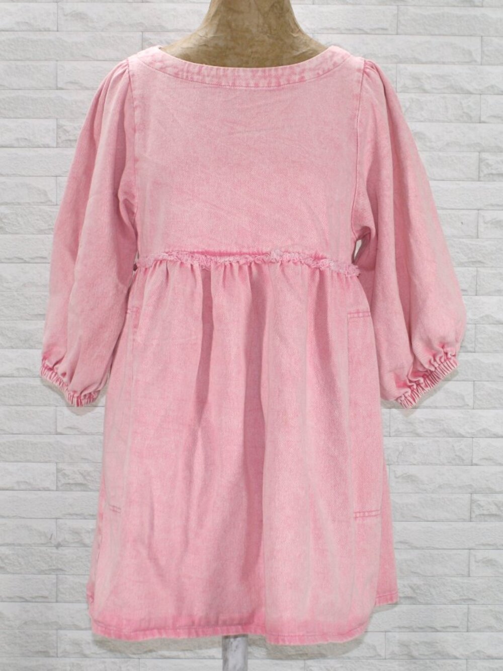 BLUE B. Dress Pink Denim Babydoll Retro Mini Puff Balloon Sleeve Short Fall M